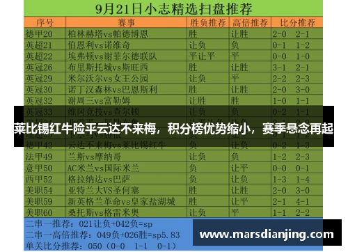 莱比锡红牛险平云达不来梅，积分榜优势缩小，赛季悬念再起